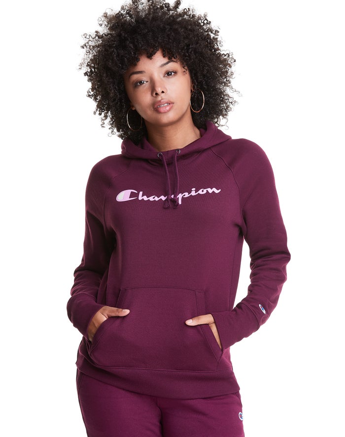 Champion Womens Hoodie NZ - Powerblend Fleece Script Logo Dark Purple ( 3708-VCLKM )